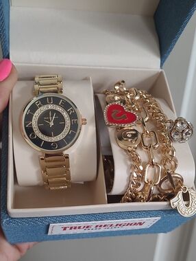 True Religion Gold-Tone Watch with Black Dial and Charm Bracelet